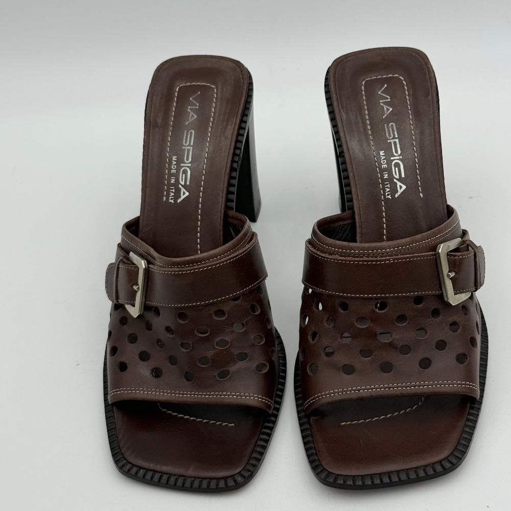 Via Spiga Brown Leather Block Heel Mules Square Toe Buckle Sandals Italy 7M